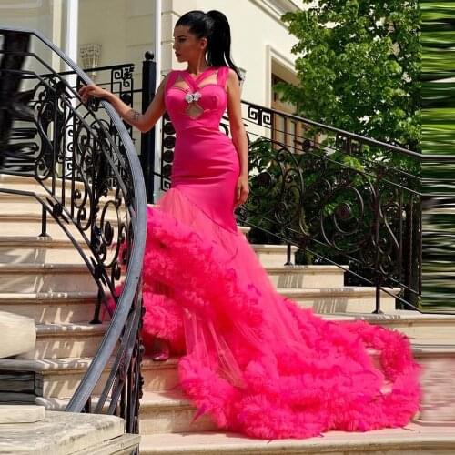 Fuchsia Mermaid Tulle Prom Dresses Long Length With Train Extra Puffy Cross Front High Neck Women Evening Gowns For Special Occa