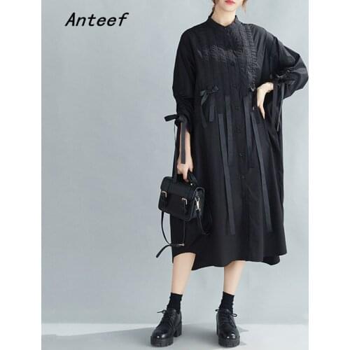 Long sleeve plus size black cotton vintage dresses for women casual loose spring autumn shirt dress elegant clothing 2021