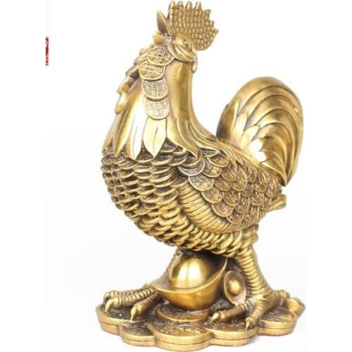 10" China Brass Copper Yuanbao Money Lucky Year Zodiac Mascot Chicken Rooster Statue