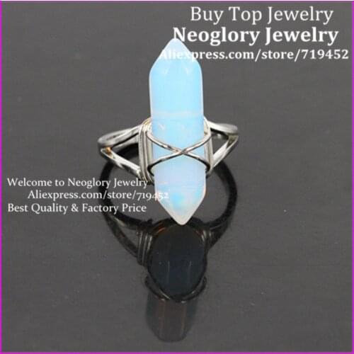10PCS Natural Moonstone Adjustable Finger Rings Gems Stone Hexagonal Point Reiki Chakra Beads Jewelry Unisex Silver Plated