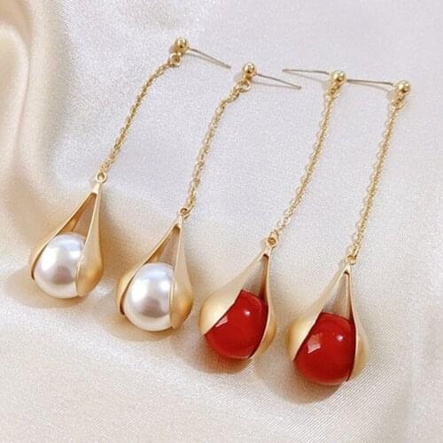 2021 New Arrival Metal Trendy Water Drop Women Dangle Earrings Long Tassel Earrings French Elegant Pearl Earrings Female Jewelry