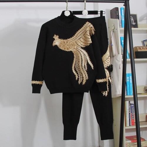 BLLOCUE Winter Ladies Sequins Beaded Phoenix Loose Casual Trousers Suit Long Sleeve Sweater Casual Long Pants Female Knitted Set