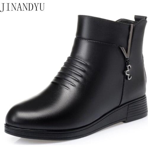 Size 42 Black Leather Boots Autumn Winter Shoes Woman Waterproof Leather Shoes Women Side Zip Ankle Boots for Women Fashion New