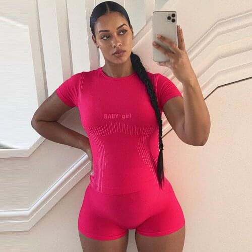 Baby Girl Letter Print Fitness Matching Sets Womens Outfits Short Sleeve Elastic T-shirts and Skinny Short Athleisure Outfits