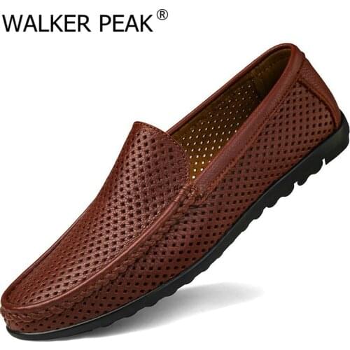 Breathable Men Casual Shoes Summer Genuine Leather Mens Loafers Moccasins Slip On Mens Flats Male Driving Shoes walkerpeak