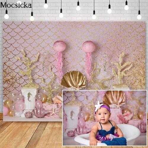 Pink Golden Mermaid Theme Cake Smash Backdrop for Girls 1st Birthday Party Decorations Photography Background Photoshoot