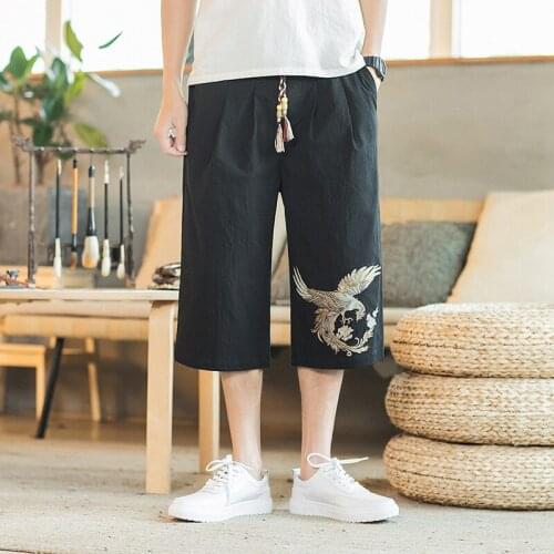 #8071 Summer Black Thin Cotton Linen Pants Men Embroidery Fashion Casual Retro Linen Wide Leg Pants Loose Fashion Plus Size 5XL