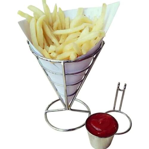 Metal French Fry Basket Stand With Sauce Holders Sets Fries Cones