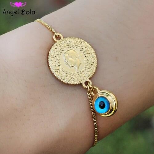 Muslim Fashion Demon Lucky Eyes Lady Charm Allah Bracelet Size Adjustable Oman Coin Gold Luxury Jewelry Wedding Holiday Gift