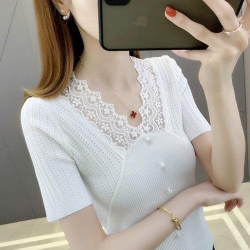 Room 201275, row 7, no.6, top] real shot lace stitching pearl button sleeve, solid ice silk short sleeve 32