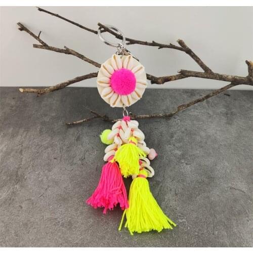 Rose Pompom Shell Tassel Keychain Handmade Bohemia Luxury Keychain for Bag Backpack Key Accessories for Girls