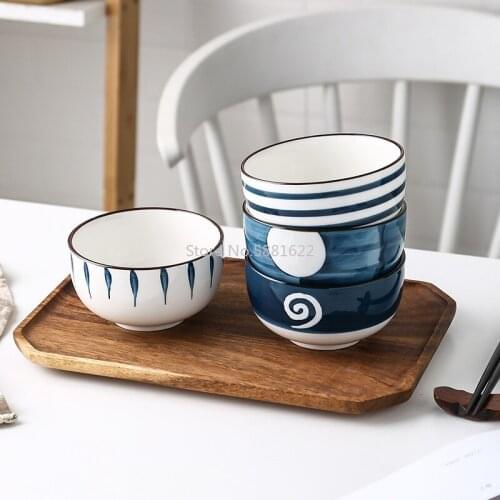 Japanese-style Hand-painted Ceramic Rice Bowl, Creative Underglaze Color Noodle Bowl Tableware 4.5 Inch Ceramic Salad Bowl