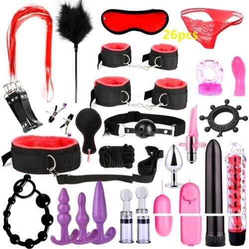 Adult Sex Toys Bondage Handcuffs Nipple Clamps Whip Spanking Sex Silicone Mouth Anal Plug Bdsm Vibrator Set for Couples PG0218