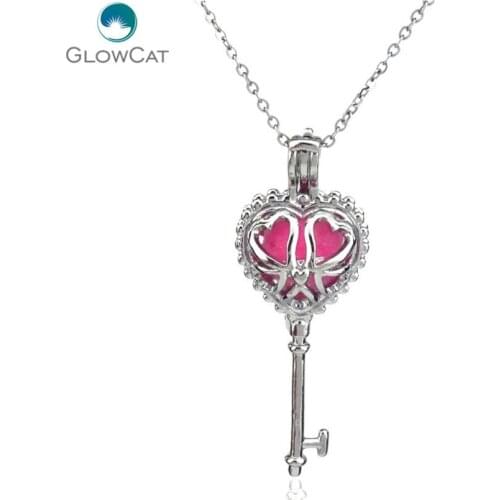K28 Silver Love Heart Key Diffuser Locket Necklace Women Aromatherapy Steel 16" Aroma Essential Oil Diffuser Locket