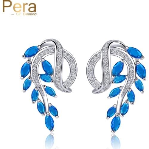 Pera Classic Silver Color Royal Jewelry Elegant Marquise Blue Drop Cubic Zirconia Crystal Big Stud Earrings For Women E218