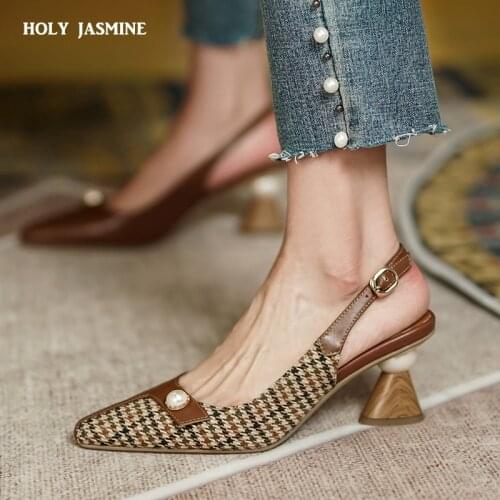 Women Slingbacks Shoes Strange Style High Heels Thick High Heel Shoes Cow Leather Mixed Colors Pumps Ladies Pointed Toe Shoes