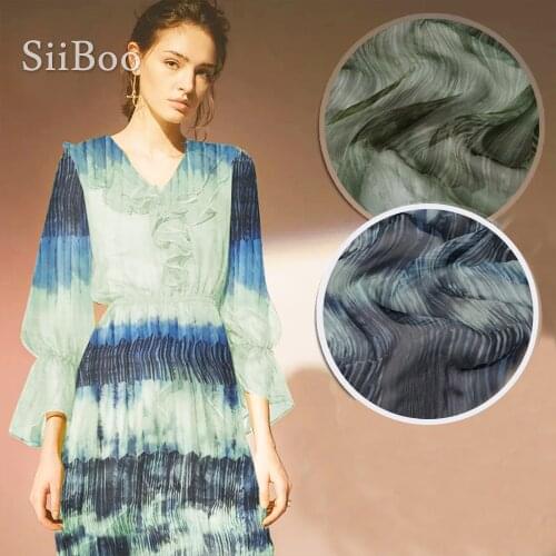 American style blue green striped 100% pure silk georgette fabric for dress pure silk crepe tissue cloth tela tejido 5mm SP4141