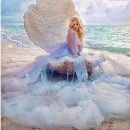 See Thru Colorful Tulle Long Women Robe 2021 Full Sleeves A-line Mesh Women Beach Dresses To Photo-shoot Pretty Maternity Dress