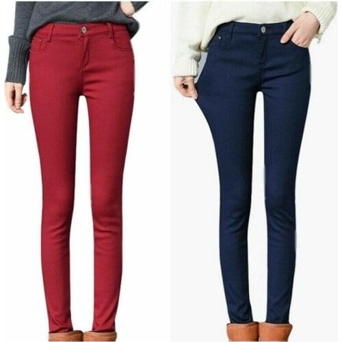 Women Stretch Pencil Pants Denim Slim Trouser Thick Thermal Warm Lined Jeans