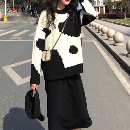 2020 Autumn Women Cute Milk Cow Long Sleeve O Neck Loose Knitted Sweaters Pullover Female Winter Casual Oversized Sweater Tops