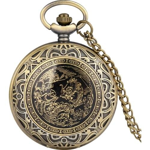 Antique Dragon and Phoenix Quartz Pocket Watch Elegant Patch Dome Necklace Pendant Chain Gifts for Women Men Fob Watches Clock