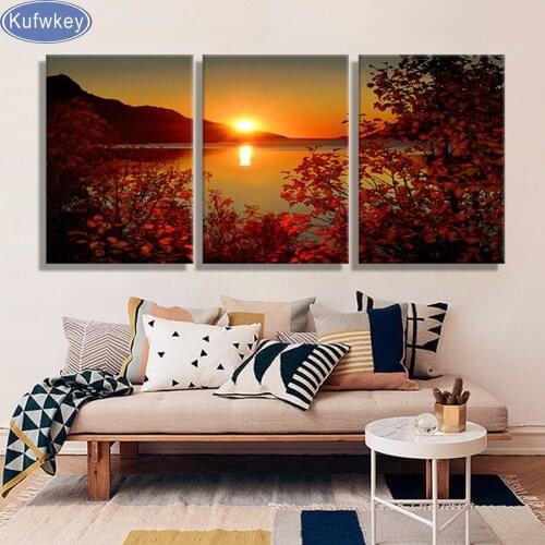 Free Shipping 5d diamond embroidery triptych Lake Sunset Canvas Painting Wedding Decoration 3d diamond Pictures for Living Room
