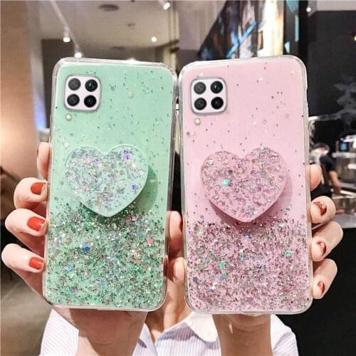 Glitter Case For Huawei P Smart 2021 2019 Z P30 P20 Lite P40 Pro Cases Heart Holder Cover Huawei Mate 20 10 Lite Nova 5T Covers