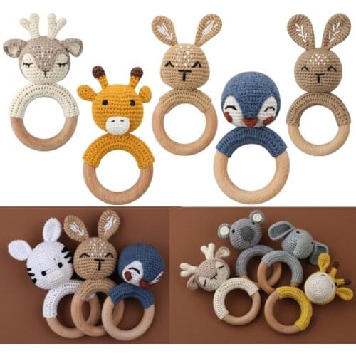 BPA Free Baby Wooden Teether Crochet Cartoon Baby Rattle Toys Wooden Ring Rodent Toys Mobile Gym Kids Newborn Educational Toys