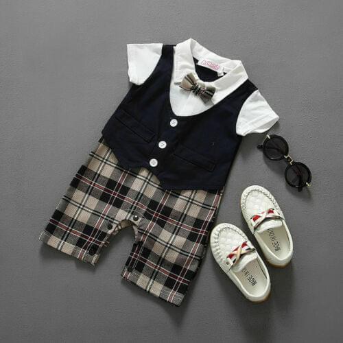 Baby Boys Summer Romper Plaid Button-Down Short Sleeve Folded Collar Outfit Button Closure Fake Vest Jumpsuit 0-3 Years