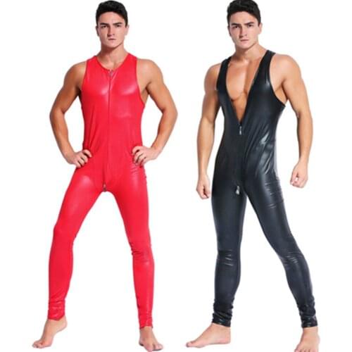 Men Wetlook Faux Leather Double Zipper Open Crotch Pvc Bodysuit Gay Hot Lingerie Latex Catsuit Fetish Wear Sexy Jumpsuit
