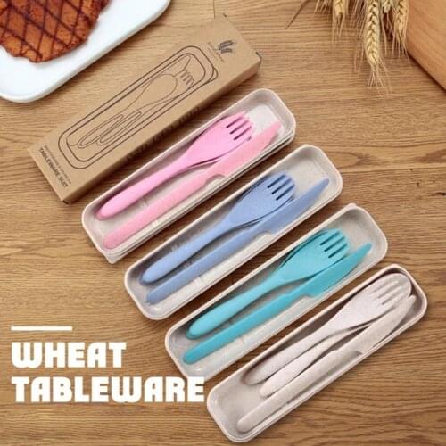 3pcs/set Travel Cutlery Portable Cutlery Box Japan Style Wheat Straw Knife Fork Spoon Recyclable Student Dinnerware Sets