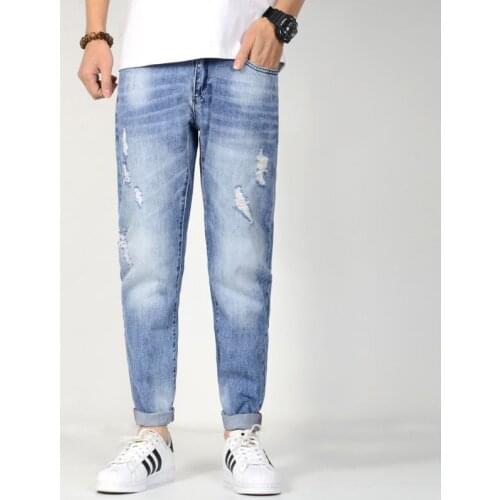 Loose Ripped Jean Men Stretch Pocket Blue Taper Casual Jeans Cotton Hip Hop Denim Jogger Pant Men