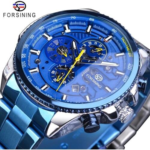 Forsining Mens Automatic Watch Blue Steel Band Calendar 3 Sub Dial Wristwatch Mechanical Waterproof Male Clock Relogio Masculino
