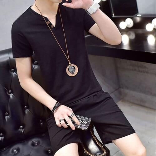 2021 Summer Mens Cotton Linen Set Solid Color V-neck Short Sleeve T-shirt Shorts Outfits Mens Casual Sportswear Fitness Suit