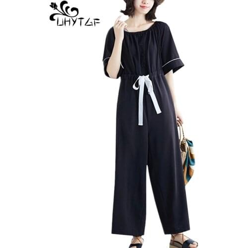 UHYTGF Summer rompers women jumpsuit loose plus size wide leg pants jumpsuit One word collar casual Black Overalls for women1380