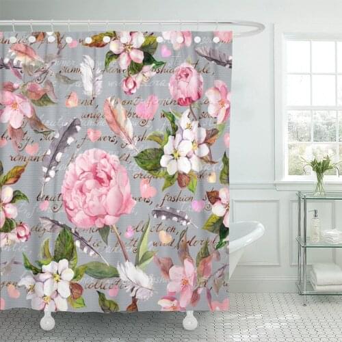 Peony Flowers Feathers Hearts Floral Pattern for Valentine Day Bathroom Curtains Waterproof Polyester Fabric 60 x 72 inches Set