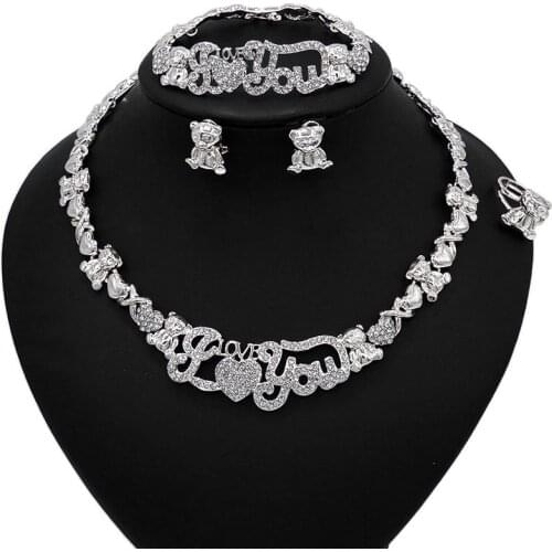 Hot Dubai women luxury Silver color Jewelry set Nigeria African necklace bracelet earrings ring set wedding Party gifts orname