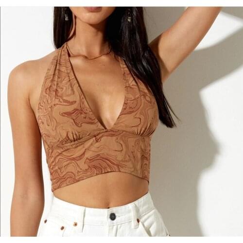 Musuos Halter Crop Tops Women Summer Sleeveless Backless V Neck High Waist Slim Vest Sexy Ladies Printed Tank Top Club Street