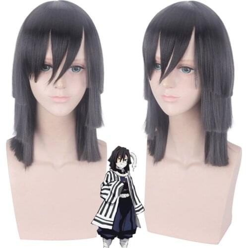 Anime Demon Slayer: Kimetsu no Yaiba Iguro Obanai Cosplay Wigs Black Heat Resistant Synthetic Hair Wig Wig Cap 35cm