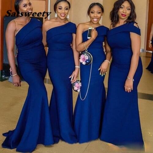 African Sexy Royal Blue Long Bridesmaid Dress One Shoulder Mermaid Satin Floor Length Plus Size Formal Wedding Party Guest gowns