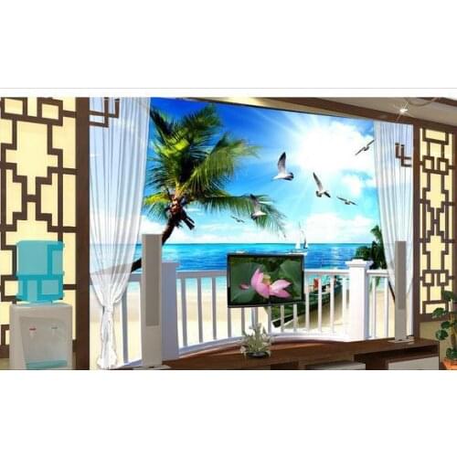 Custom photo wallpaper 3d wall murals wallpaper 3 d balcony sea trees mural TV setting wall papers home decoration