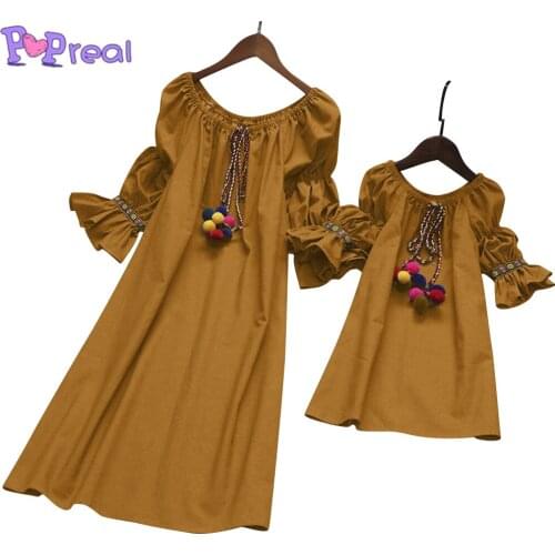 PopReal New Autumn Mommy and Me Lantern Sleeves Pompon Decorated Solid Dress Bow Tie Midi-Sleeve Casual Matching Dresses Family