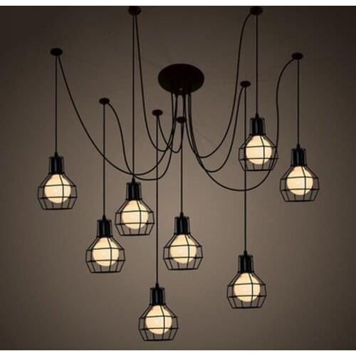 Retro-industrial iron cage chandelier living room, bar office, American retro-creative LED spider multi-head Chandelier