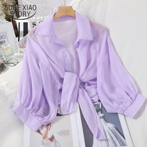 Spring Summer New Half Sleeve Button Up Shirt Chiffon Shirts Women Loose Casual Blouse Tied Waist Elegant Blouses for Women 9776