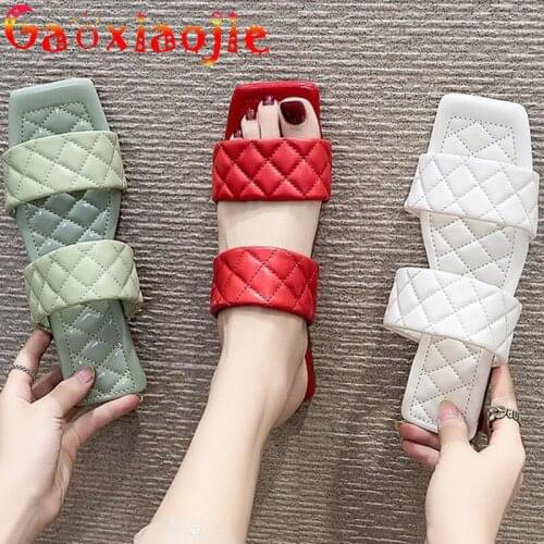 Slippers Women 2021 Summer Fashion PU Woven Flat Bottom Sandals Women Casual Square Toe Word Net Red Slides Female Lazy Shoes