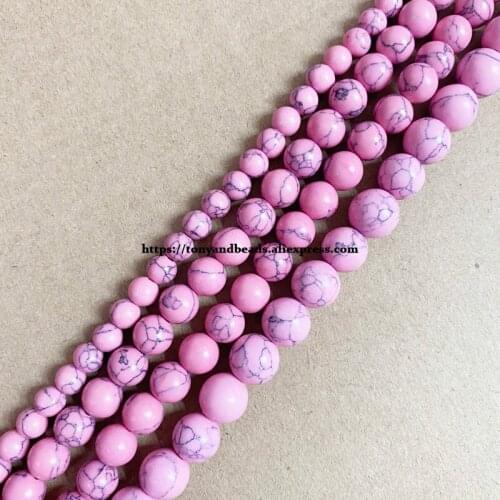 Synthetic Stone Pink Turquoise Round Loose Beads 15" Strand 4 6 8 10 12MM Pick Size For Jewelry Making DIY