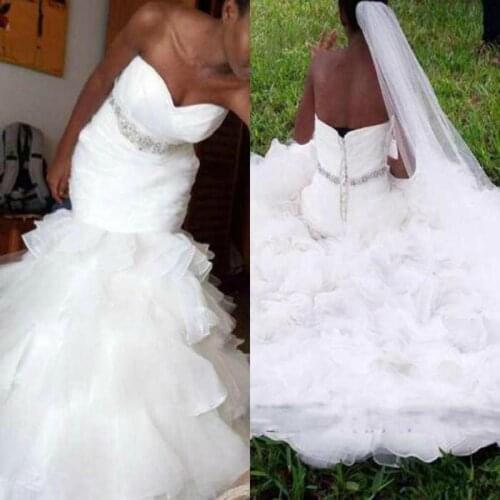 African White Plus Size Mermaid Wedding Dresses 2022 Sweetheart Pleat Tiered Ruffles Crystal Sash Trumpet Wedding Gowns