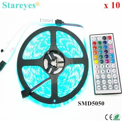Free Shipping 10 sets SMD 5050 60 LED / M RGB Strip 5M 300 LED DC12V IP65 Waterproof SMD tape light LED string 44 Key IR Remote