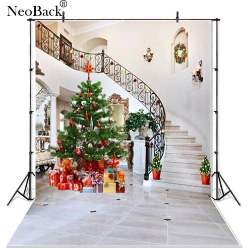 Thin Vinyl Christmas Banister Stair Photography backgrounds Vintage Christmas Tree Photography Studio Portrait Photo Backdrops