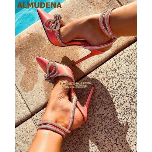 ALMUDENA Pink Silk Bling Bling Crystal Wedding Shoes Glitter Bowtie Satin Cloth Pointed Toe Dress Pumps Butterfly-knot Shoes